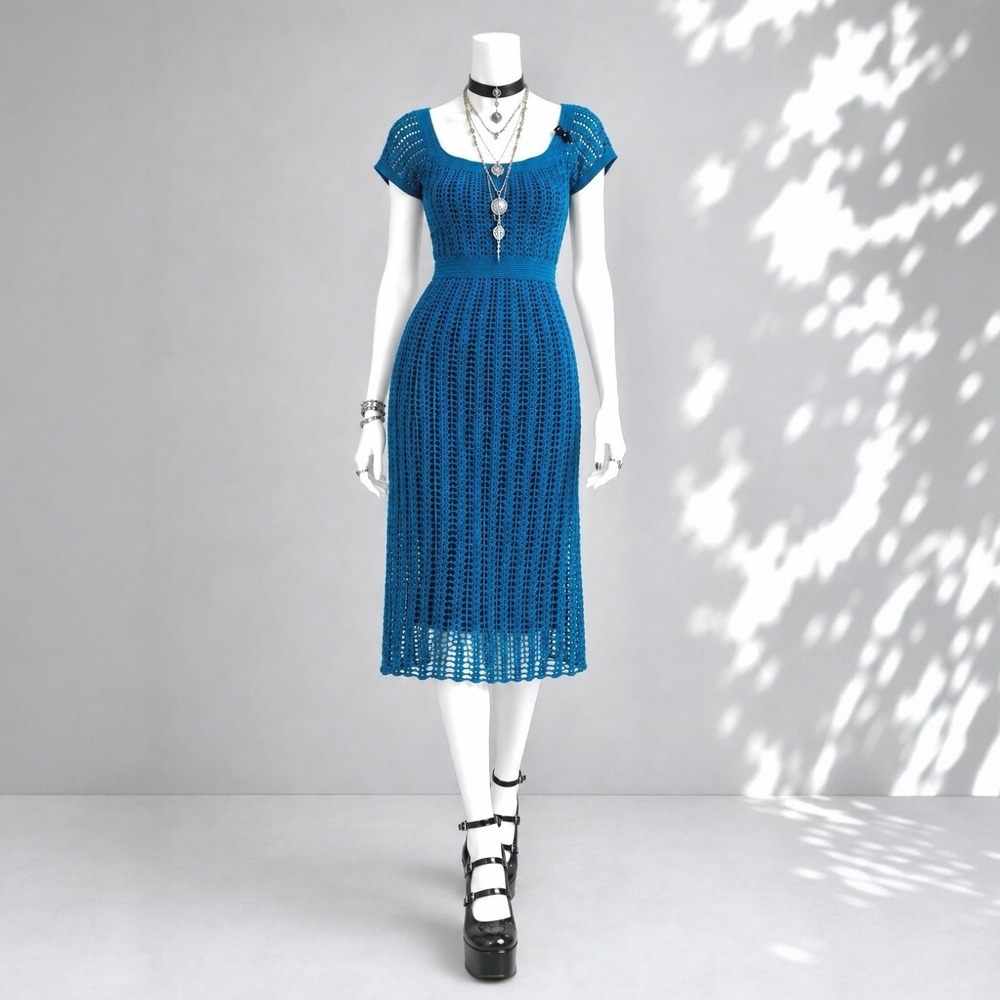 Vintage Betsey Johnson Crochet Midi Dress S Teal Blue Cotton Boho Whimsigoth